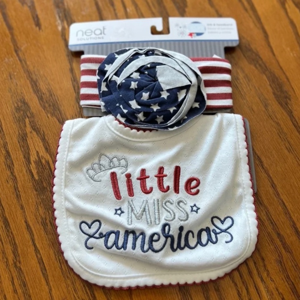 NEW! Miss America 2 piece Bib/Bow set 4th July theme Red/white/blue